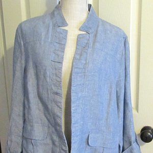 CHICO'S 100% Linen Chambray Open Front Ruffle Roll Jacket Size 3 (16/18)